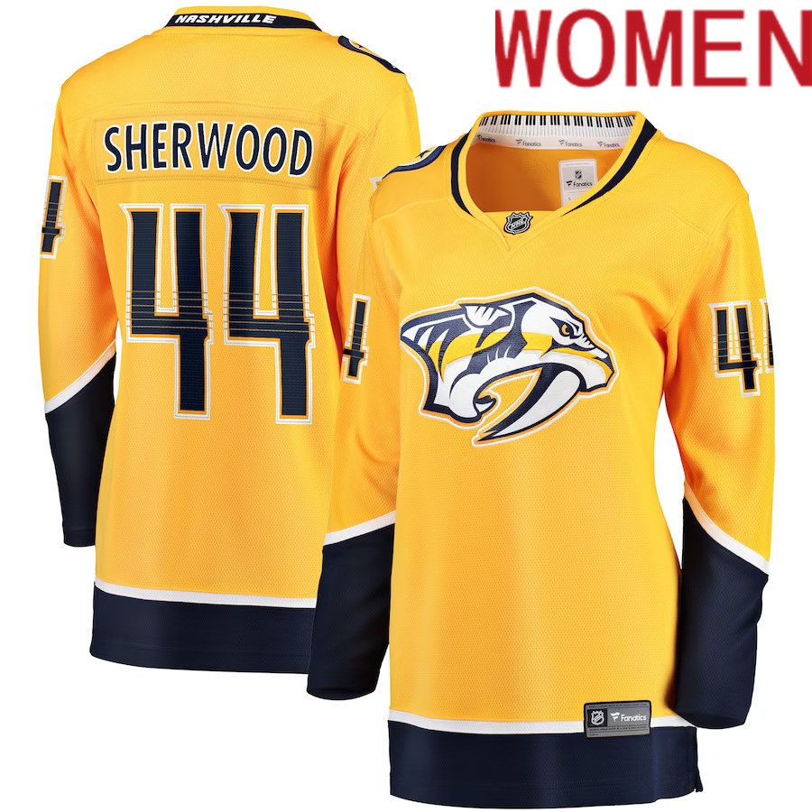 Women Nashville Predators #44 Kiefer Sherwood Fanatics Branded Gold Home Breakaway Player NHL Jersey